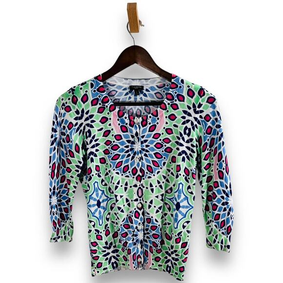 Talbots Cardigan Sweater Blue Green Medallion Print Classic Preppy PS - Picture 3 of 10